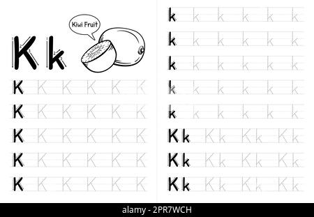 Innenausstattung mit ABC-Buchstaben und Pünktchenbuch für Kinder. Kinder Schreiben Arbeitsblatt Mit Bild. Premium Vector Elements Buchstabe K. Stockfoto