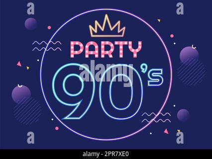 90s Retro Party Cartoon Hintergrundillustration mit Neunzigern Musik, Sneakers, Radio, Dance Time und Kassette im trendigen Flat Style Design Stockfoto