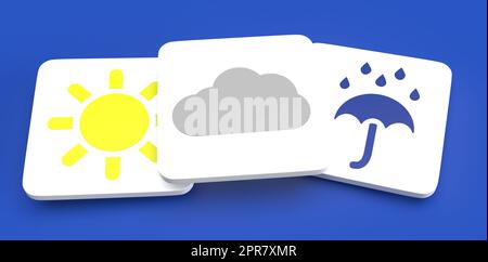 Symbole für Sonne, Wolken und Regen auf weißen rechteckigen Fliesen vor blauem Hintergrund. Zur Veranschaulichung von Wetterthemen und Wettervorhersagen. 3D Rendern Stockfoto