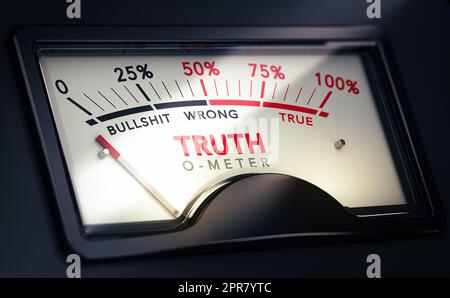 3D Abbildung des Zifferblatts eines konzeptionellen Lügendetektors. Desinformation oder Wahrheitserklärungskonzept. Stockfoto