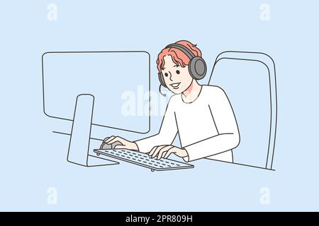 Boy in Kopfhörern spielt zu Hause Videospiele auf dem PC. Kinderspieler genießen die Konsole auf dem Computer. Sucht o Technologie. Gaming-Konzept. Vektordarstellung. Stockfoto