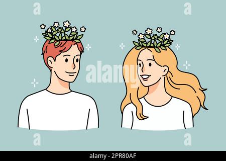 Pflanzen wachsen aus dem Kopf des Menschen. Mann und Frau haben Hauspflanzen im Gehirn. Konzept der Selbstentwicklung und Verbesserung. Vektordarstellung. Stockfoto