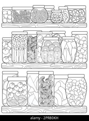 Malseite Mit Regalen Voll Mit Obst Und Gemüse In Gläsern. Stockfoto