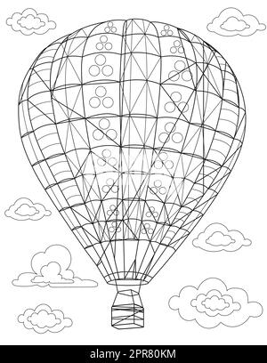 Malbuch-Seite Mit Heißluftballon, Der Über Die Wolken Fliegt. Stockfoto
