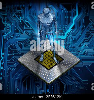 3D auf der CPU stehende, strukturierte Leiterplattenfigur. 3D Abbildung. Stockfoto