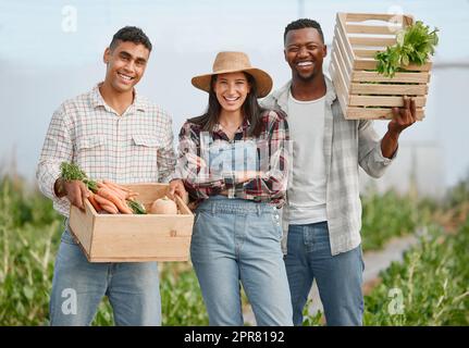 Bringen Sie das frischeste für Sie an den Tisch. Porträt einer Gruppe von Menschen, die Kisten mit frischen Produkten halten, während sie auf einem Bauernhof zusammenarbeiten. Stockfoto