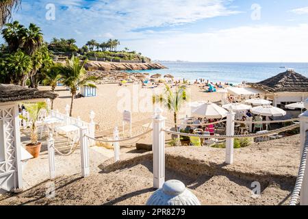 Ein tropisches Paradies erwartet Sie am Strand Playa del Duque, von der Promenade Calle el Mirador aus gesehen, mit Palmen und einer idyllischen Atmosphäre. Stockfoto