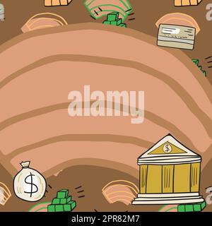 Eine Packung Bargeld Und Goldbarren Liegen Neben Dem Eingang Der Bank Mit Textbereich. Kreditkarten Und Zahlungsarten Für Finanzinstanzen Im Hintergrund. Stock Vektor