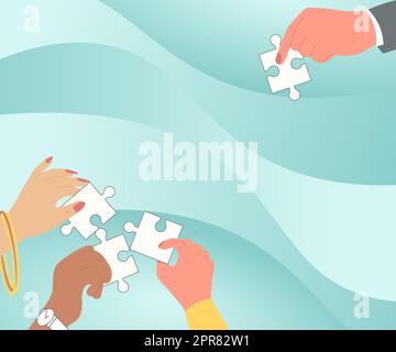 Abbildung: Hände Mit Puzzleteilen, Die Einander Bei Der Lösung Des Problems Helfen. Palm Drawing Spielt Mit Boardgame Und Koopariert Mit Teamkollegen. Stock Vektor