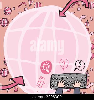 Tastatur Mit Handeingabe Gegen World Globe Und Pfeile Im Hintergrund, Die Globale Unternehmenstrends Darstellen Neue, Brillante Ideen Zur Steigerung Von Umsatz Und Erfolg Stock Vektor