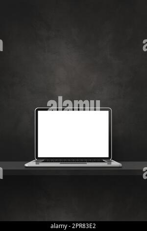 Laptop-Computer auf schwarzem Regal. Vertikaler Hintergrund Stockfoto