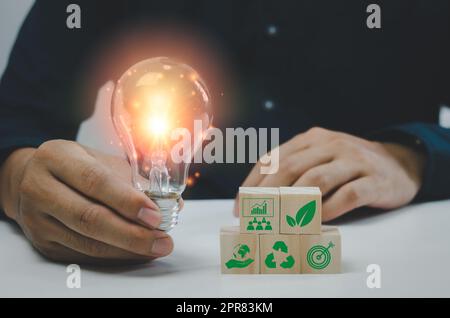 Hand Mann hält Glühbirne Licht und Holz Würfel grün Öko Umwelt und Netto Null Konzept. Stockfoto