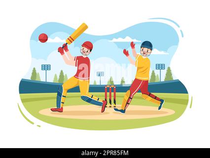 Batsman spielt Cricket Sport mit Ball und Stick in flachen Cartoon-Feld Hintergrund Illustration Stockfoto