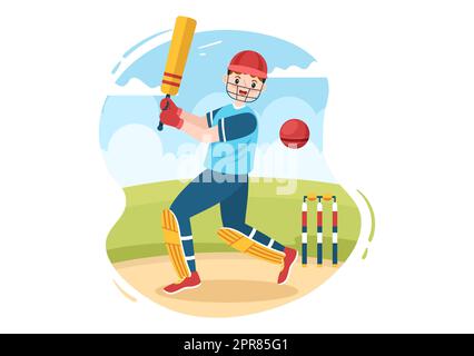 Batsman spielt Cricket Sport mit Ball und Stick in flachen Cartoon-Feld Hintergrund Illustration Stockfoto