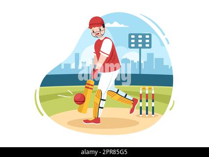 Batsman spielt Cricket Sport mit Ball und Stick in flachen Cartoon-Feld Hintergrund Illustration Stockfoto