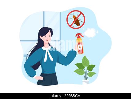 Schädlingsbekämpfungsdienst mit dem Vernichter von Insekten, Sprays und der Desinfektion von Haushygiene in flacher Cartoon-Hintergrundgrafik Stockfoto