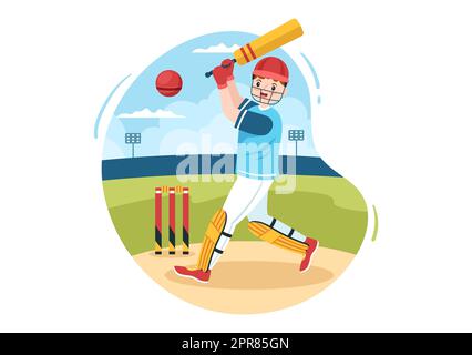 Batsman spielt Cricket Sport mit Ball und Stick in flachen Cartoon-Feld Hintergrund Illustration Stockfoto