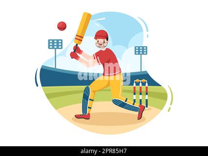 Batsman spielt Cricket Sport mit Ball und Stick in flachen Cartoon-Feld Hintergrund Illustration Stockfoto