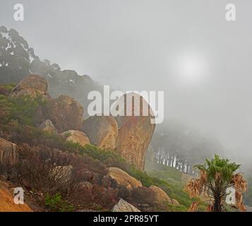 Ein nebeliger Morgen auf dem friedlichen Berggipfel, ruhige Zen-Natur mit malerischer Aussicht. Smog bedeckte felsige Landschaft des Lions Head Berges. Die Folgen eines verheerenden Waldbrands auf einem Berg. Stockfoto