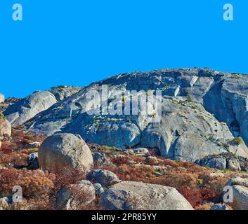 Landschaftsblick auf die Berge an sonnigen Tagen, verbrannte Pflanzen und Büsche mit viel Platz. Felsiges Gelände mit verbrannten Bäumen auf dem Land. Umweltschäden in der Wildnis, die zur Entwaldung führen Stockfoto