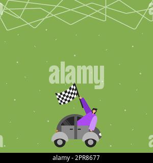 Geschäftsmann Winkt Banner Von Vehicle Racing Auf Dem Weg Zu Erfolgreichen Zukünftigen Fortschritten. Mensch Greift Nach Dem Fahrzeug, Indem Die Flagge Die Ziele Für „Neueste Reise Starten“ Repräsentiert. Stock Vektor