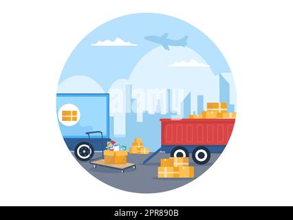 Trucking Transport Cartoon Illustration mit Cargo Delivery Services oder Cardboard Box an den Verbraucher in Flat Style Design gesendet Stockfoto