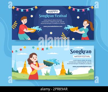 Songkran Festival Day Horizontales Banner Vorlage Cartoon Hintergrund Vektor Illustration Stockfoto