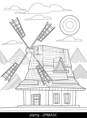 Malbuchseite Mit Windmühle Mit Bergen, Wolken Und Sonne Im Hintergrund. Stockfoto