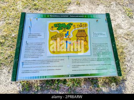 Tulum Ruinen Maya Tempel Pyramiden Informationsschild an Bord Mexiko. Stockfoto