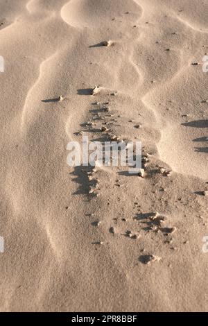 Blick auf den Strand und den Strand. Dünen- und Sandstrand-Texturhintergrund. Hintergrund für vielseitige Form und Textur. Bild von oben: Wüstensand mit Stein und Schatten. Stockfoto