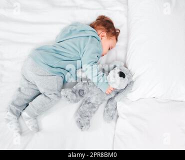 Ein Nickerchen mit meinem Kuschelfreund. Ein entzückender Baby, der auf einem Bett schläft. Stockfoto