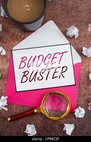 Handschriftlicher Text Budget Buster. Unternehmensübersicht Carefree Spending Bargets unnötige Käufe übermäßige Ausgaben Frau mit Glühbirne Präsentation der digitalen Suche mit neuen Ideen. Stockfoto