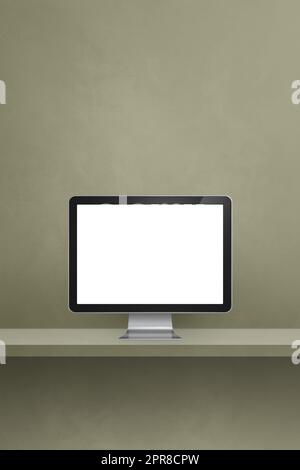 Computer-pc auf grünem Regal. Vertikaler Hintergrund Stockfoto
