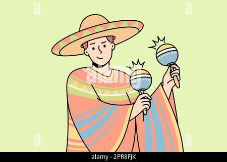 Mexikaner in Nationalkostüm, Sombrero spielt Maracas. Stock Vektor