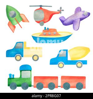 Kinderspielzeug. Aquarelldarstellung des Transports: Rakete, Boot, Flugzeug, Hubschrauber, Betonmischer, LKW und Zug. Illustration für Kinder Stockfoto