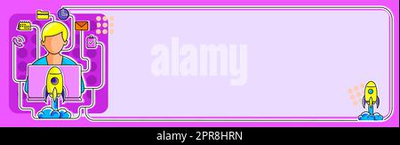 Illustration Mit Mann Tippen Neue Ideen Auf Lap Top Mit Rockets Im Hintergrund. Geschäftsmann mit S um Kopf schreiben Aktuelle Informationen über Computer. Stock Vektor