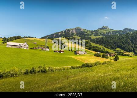 Blick auf den Hohen Kasten in den Appenzeller Alpen, Bruelisau, Kanton Appenzell Innerrhoden, Schweiz Stockfoto