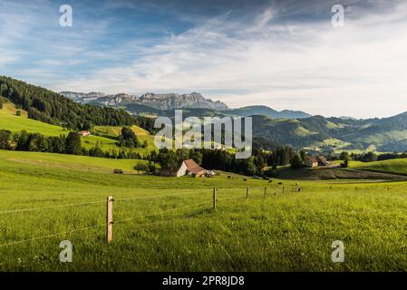 Appenzellerland mit Alpstein und Saentis-Gipfel in der Schweiz Stockfoto