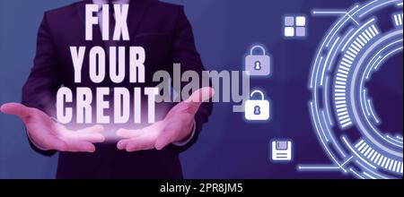 Begriffliche Beschriftung Fix Your Credit. Business Showcase Halten Sie die Kontostände bei Kreditkarten und anderen Krediten niedrig Business Person beschreibt Computer Smart Technology System in der Hand Stockfoto