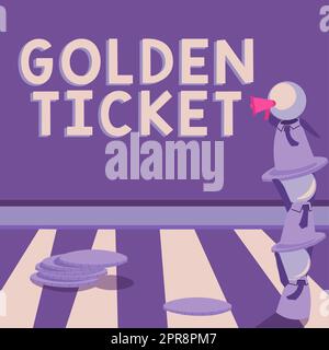 Inspiration mit Schild „Golden Ticket“. Word for Rain Check Access VIP Passport Box Office Sitz Event Roboter stehen übereinander und zeigen wichtige Neuigkeiten mit Megaphone. Stockfoto