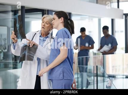 Zwei Ärztinnen untersuchen einen Röntgenstrahl in einem modernen Krankenhaus. Stockfoto