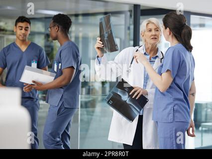 Auch die besten Ärzte brauchen Hilfe. Zwei Ärztinnen untersuchen einen Röntgenstrahl in einem modernen Krankenhaus. Stockfoto