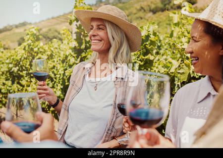 Eine Gruppe von Freunden, die auf einem Weingut Weingläser halten. Eine glückliche Gruppe von Menschen, die sich während der Weinprobe auf dem Bauernhof am Wochenende zusammengeschlossen haben. Freunde, die Weißwein und Alkohol genießen Stockfoto