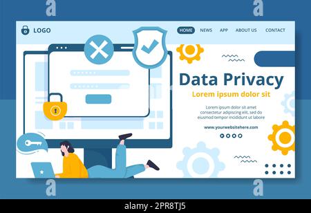 Datenschutz Social Media Landing Page Template Flache Cartoon Hintergrund Vektor Illustration Stockfoto
