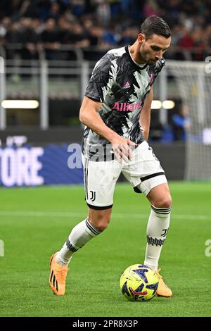 Mattia De Sciglio vom FC Juventus während des Fußballspiels der Italienischen Serie A zwischen dem FC Inter FC Internazionale Juventus am 19. März 2023 im Stadion Giuseppe Meazza San Siro Siro in Mailand, Italien. Foto: Tiziano Ballabio Stockfoto