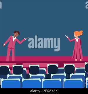 Professionelle Führungskräfte in formeller Kleidung halten Vorträge. Vorbild für Mitarbeiter in der Einführungsphase für öffentliche Vorträge sein. Männliche und weibliche Diskussionsrunde. Stock Vektor