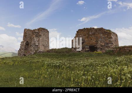 Burgruinen von Akhalkalaki mit mittelalterlichen Türmen auf einem Hügel über der Stadt Akhalkalaki, Wildblumen und Gras rund um Georgia. Stockfoto