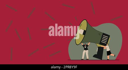 Gruppe Von Zeichnern, Die Ihre Megaphone In Der Chat Cloud Halten Und Ideen Austauschen. Zeichnung Von Mob-Linien, Die Sich Gegenseitig Neue Ankündigungen Machen. Stock Vektor