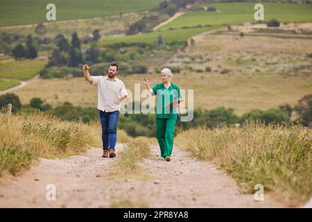 Überwachung der Gesundheit der Herde auf dem Hof. Ein Mann, der auf einer Geflügelfarm ein Gespräch mit einem Tierarzt führt. Stockfoto