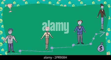 Das Business-Team Steht Auf Der Treppe Zum Erfolg Mit Trophäe Und Geldbeutel An Den Seiten. Geschäftsmänner Und Geschäftsfrauen, Die Eine Wichtige Entwicklungsbotschaft Präsentieren. Stock Vektor